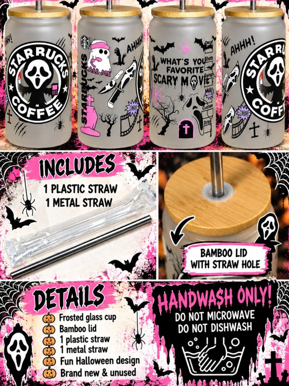 Halloween Ghostface Horror Frosted Glass Cup Bamboo Lid 2 Straws New